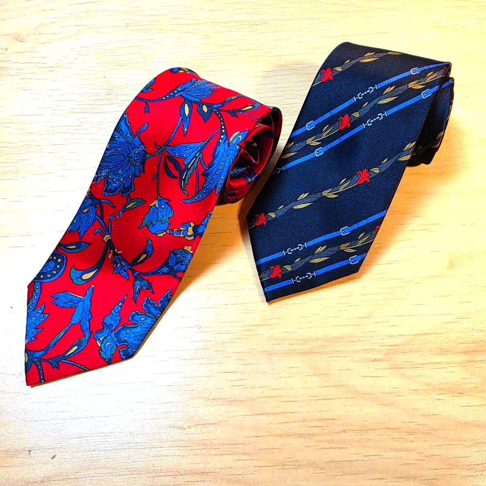 Lot of 2 Vintage 100% Italian Silk Ties Red Floral & Navy Blue Geometric Stripe